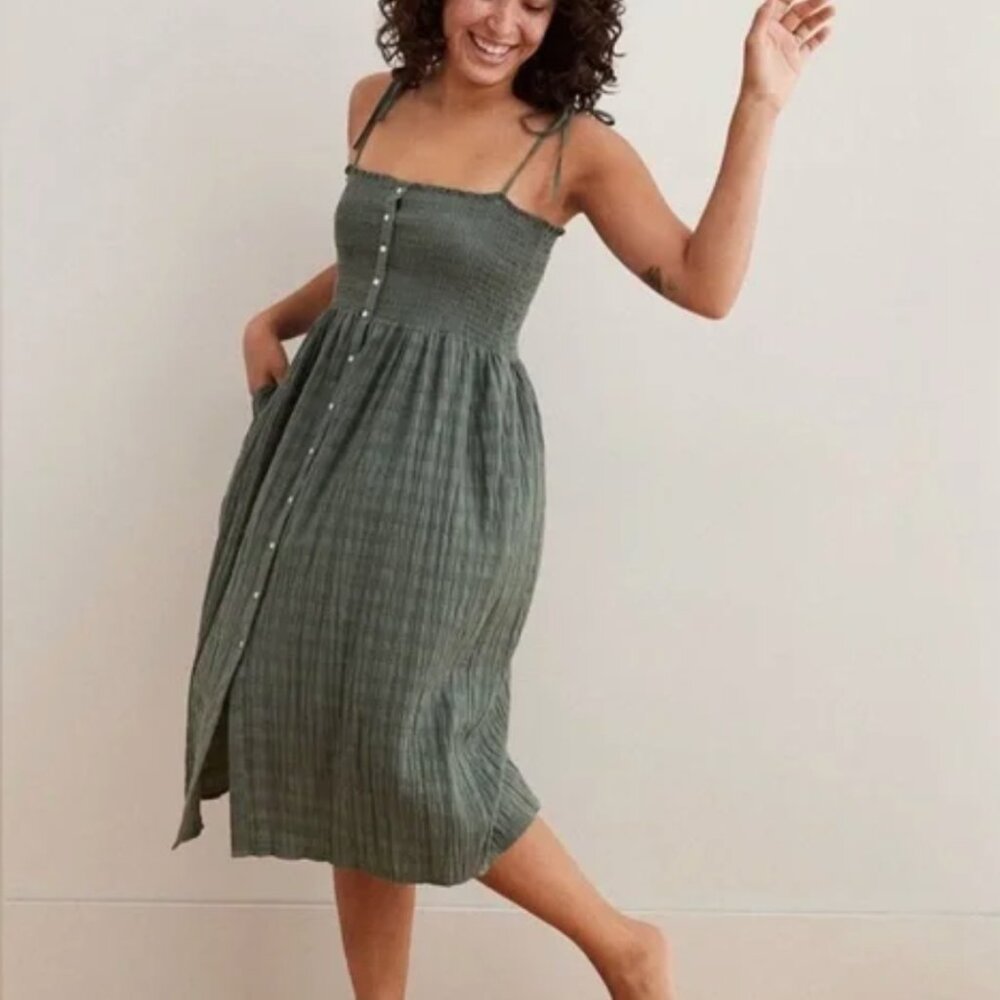 Aerie Olive Green Smocked Midi Dress Tie Straps with Pockets